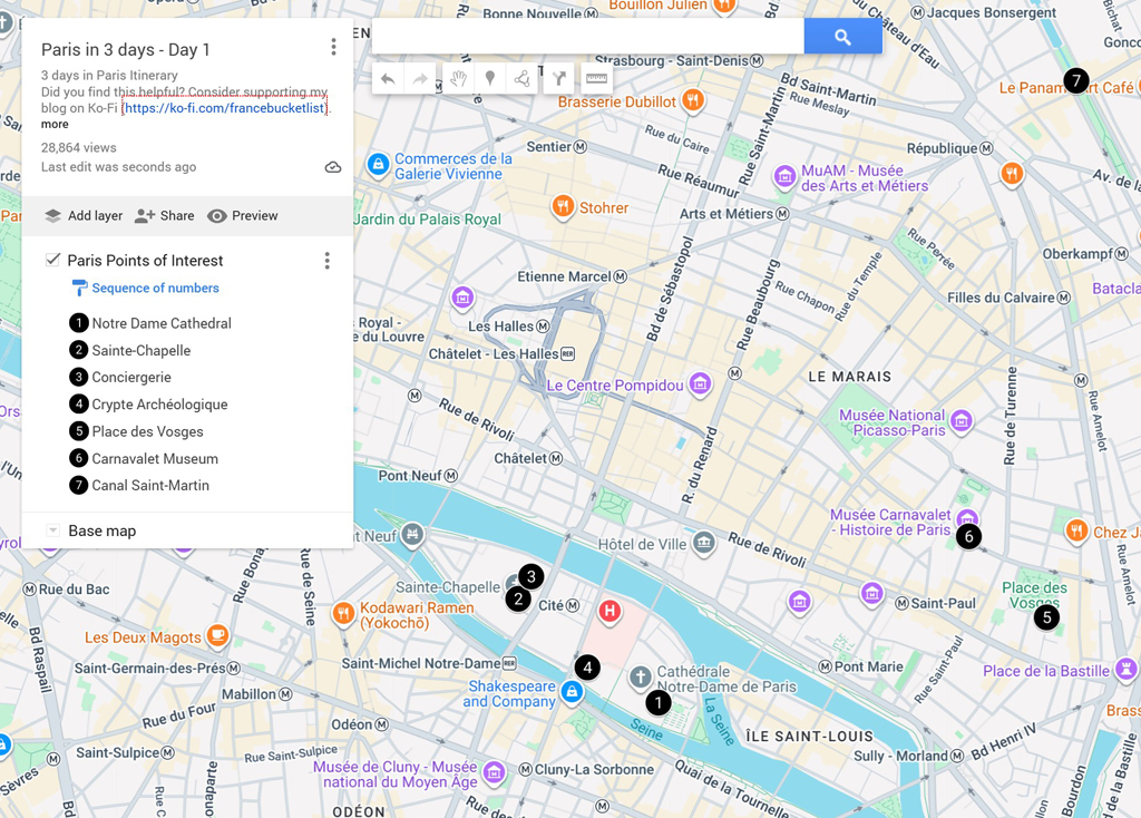 3 Days in Paris - Map Day 1