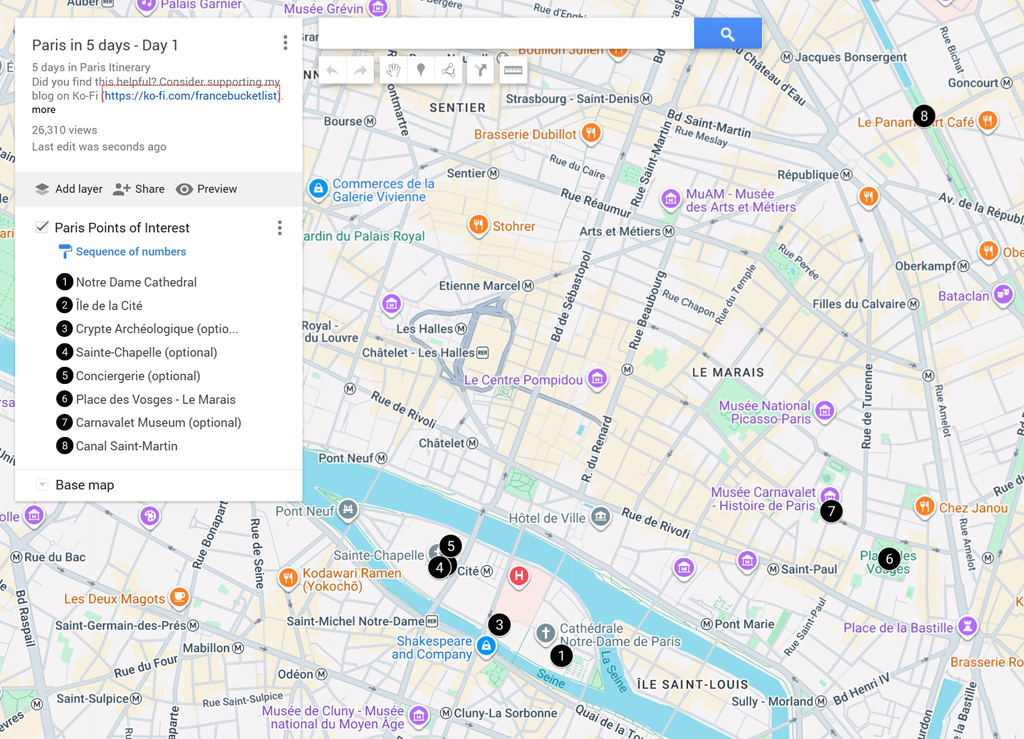 5 Days in Paris - Map Day 1